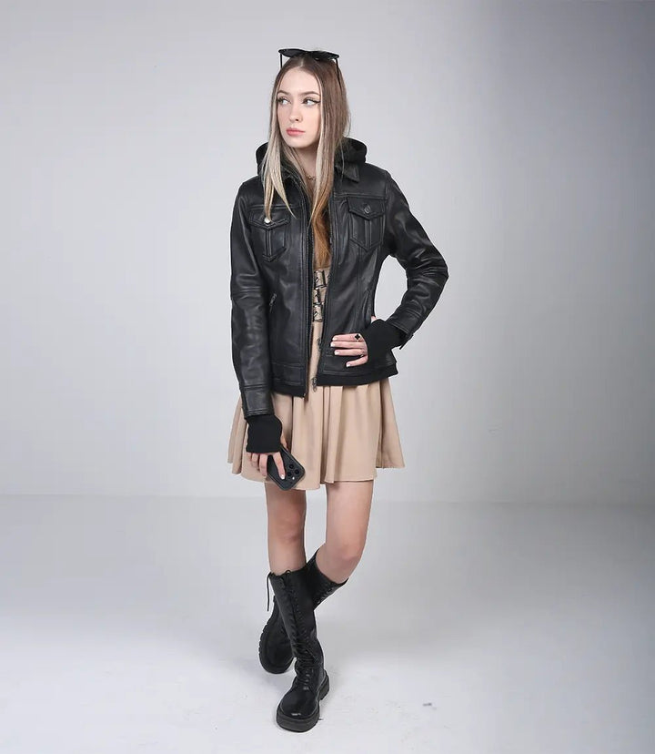 Womens Black Leather Bomber Jacket with Removable Hood - Rare Leather