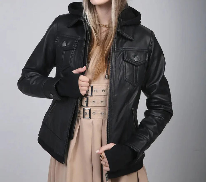 Womens Black Leather Bomber Jacket with Removable Hood - Rare Leather
