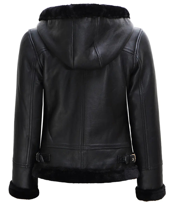 Womens Black Leather Hooded Shearling Jacket - Rare Leather