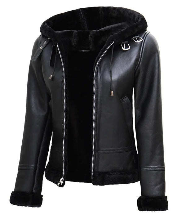 Womens Black Leather Hooded Shearling Jacket - Rare Leather
