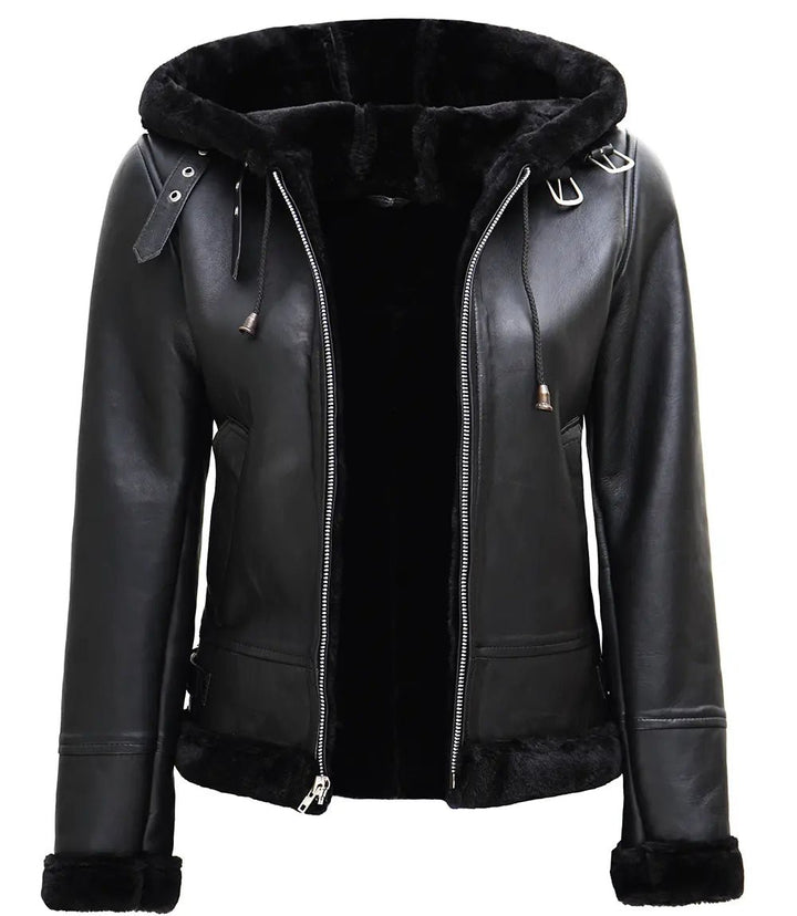 Womens Black Leather Hooded Shearling Jacket - Rare Leather