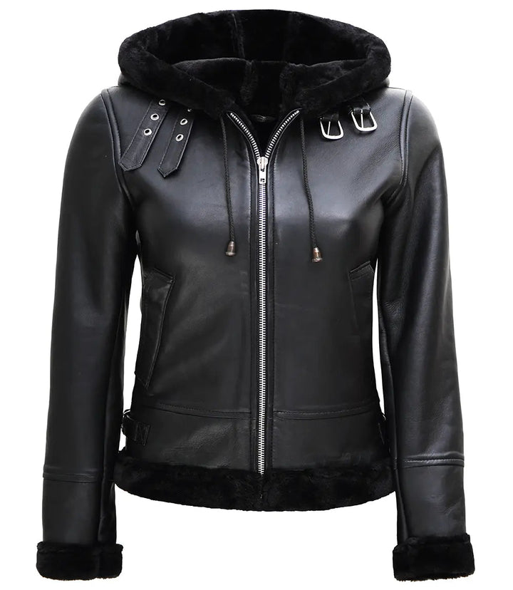 Womens Black Leather Hooded Shearling Jacket - Rare Leather