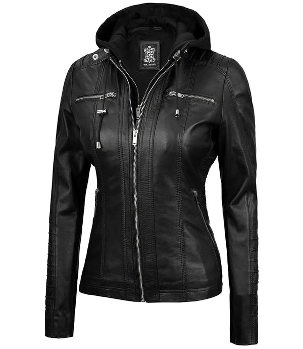 Women's Black Leather Jacket With Removable Hood - Rare Leather
