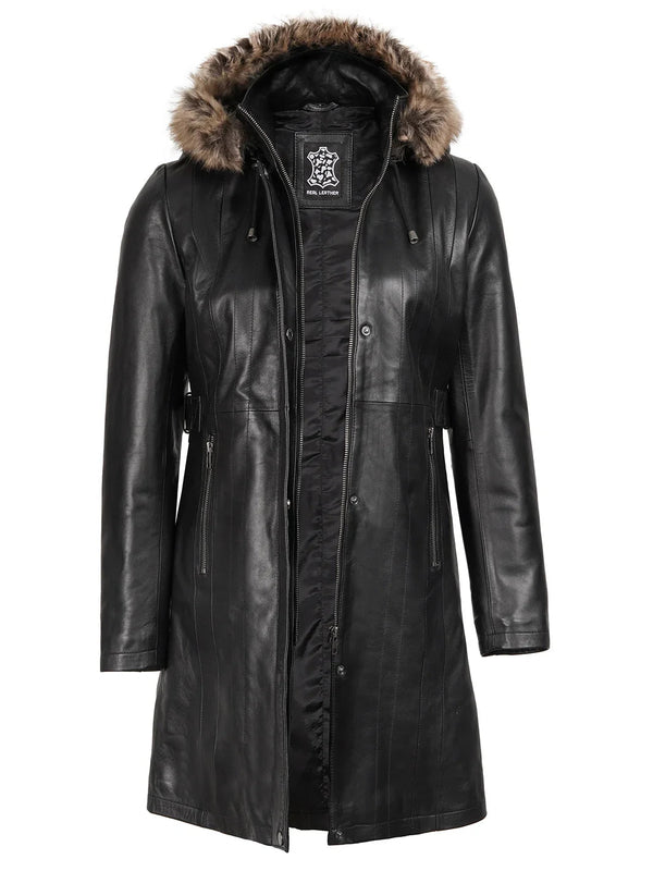 Women’s Black Real Lambskin Leather Hooded Shearling Coat - Rare Leather