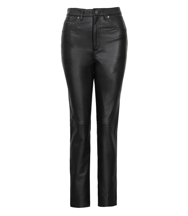 Women's Black Regular Fit Leg Leather Pants - Rare Leather