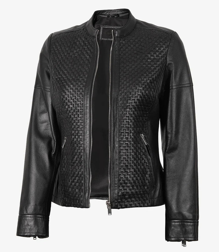 Women's Black Textured Cafe Racer Leather Jacket - Rare Leather