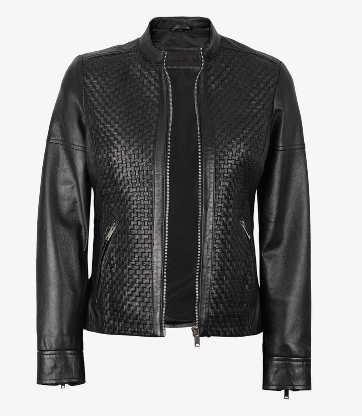 Women's Black Textured Cafe Racer Leather Jacket - Rare Leather