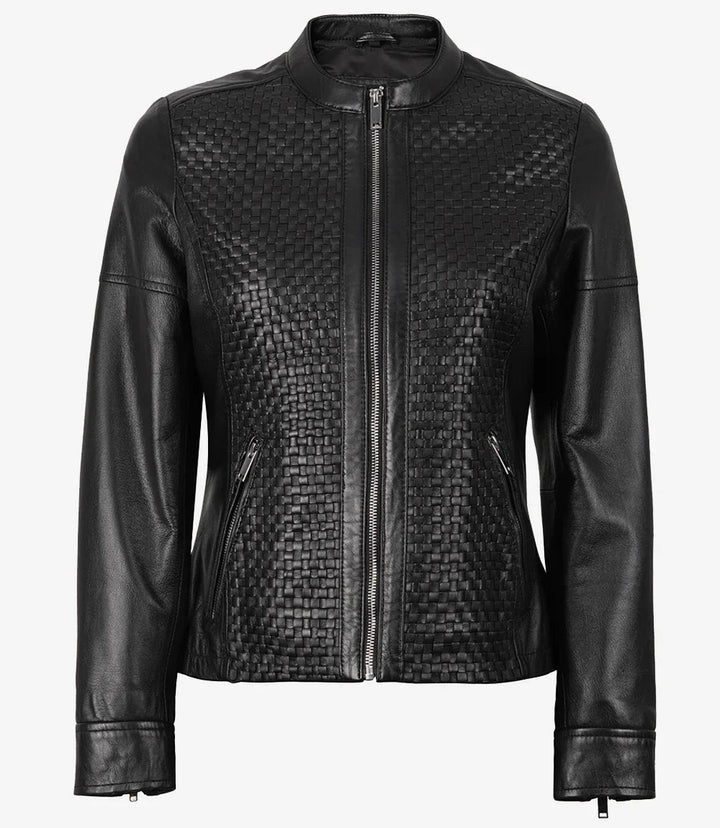 Women's Black Textured Cafe Racer Leather Jacket - Rare Leather