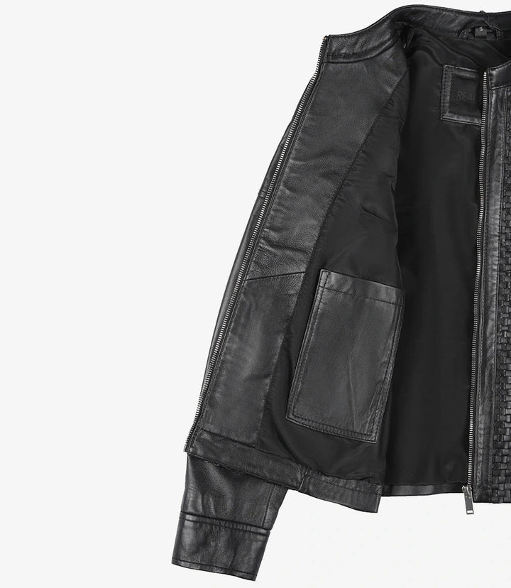 Women's Black Textured Cafe Racer Leather Jacket - Rare Leather