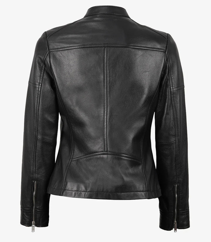 Women's Black Textured Cafe Racer Leather Jacket - Rare Leather
