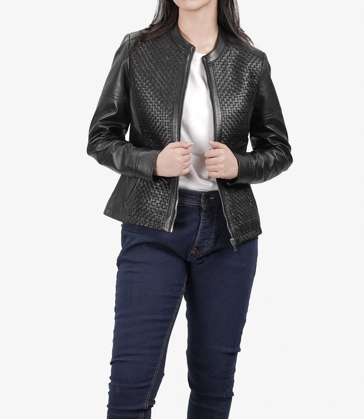 Women's Black Textured Cafe Racer Leather Jacket - Rare Leather