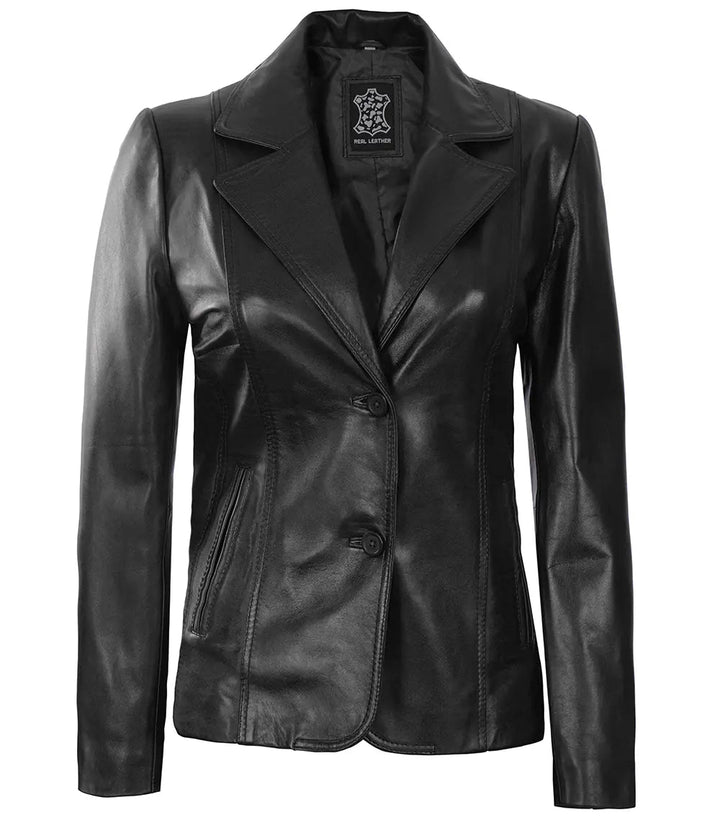 Women's Black Two - Button Leather Blazer Jacket - Rare Leather