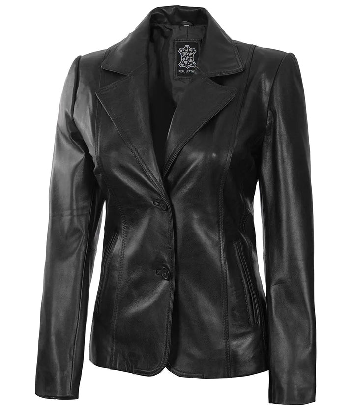 Women's Black Two - Button Leather Blazer Jacket - Rare Leather