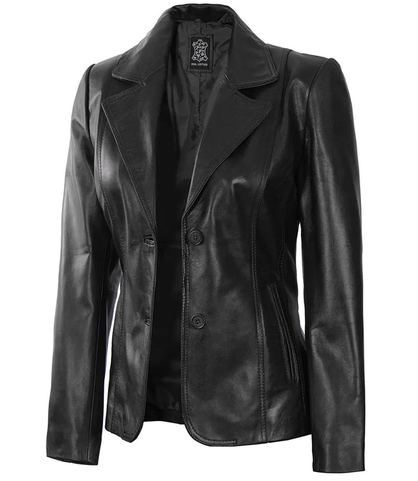 Women's Black Two - Button Leather Blazer Jacket - Rare Leather