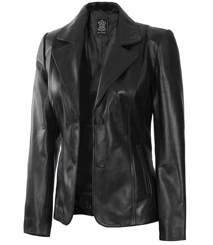 Women's Black Two - Button Leather Blazer Jacket - Rare Leather