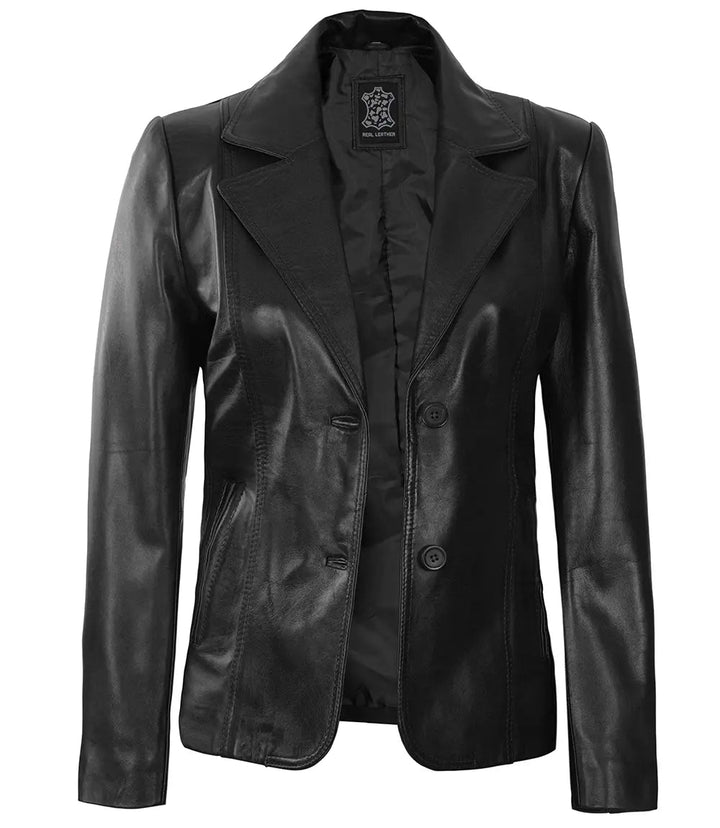 Women's Black Two - Button Leather Blazer Jacket - Rare Leather