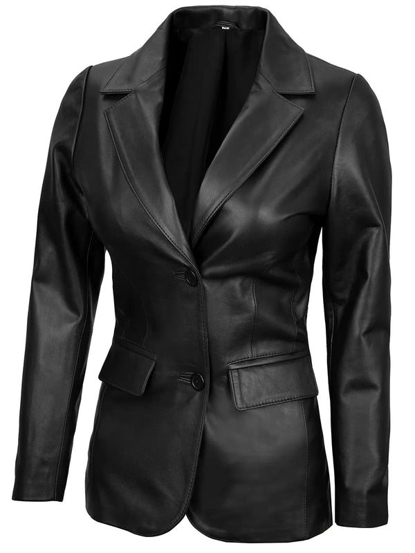 Women's Black Two - Button Real Leather Blazer - Rare Leather