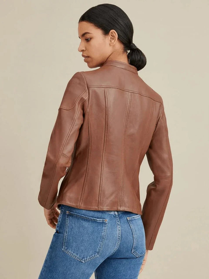 Women’s Brown Leather Biker Jacket Crew Neck - Rare Leather