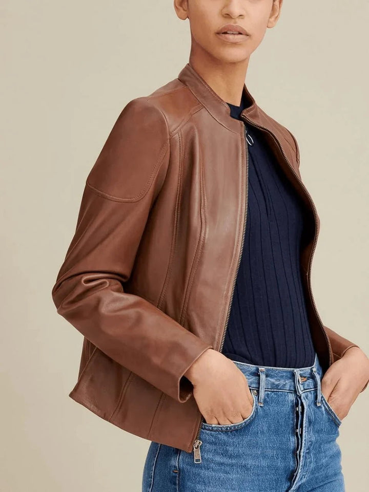 Women’s Brown Leather Biker Jacket Crew Neck - Rare Leather