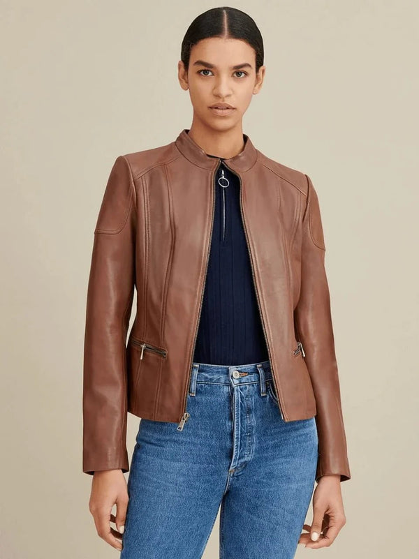 Women’s Brown Leather Biker Jacket Crew Neck - Rare Leather