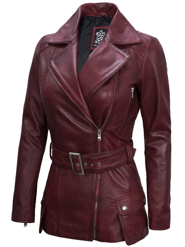 Women's Burgundy Asymmetrical Biker Real Leather Jacket - Rare Leather