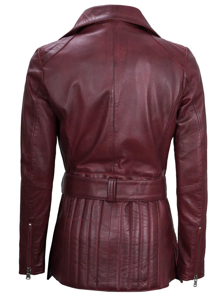 Women's Burgundy Asymmetrical Biker Real Leather Jacket - Rare Leather