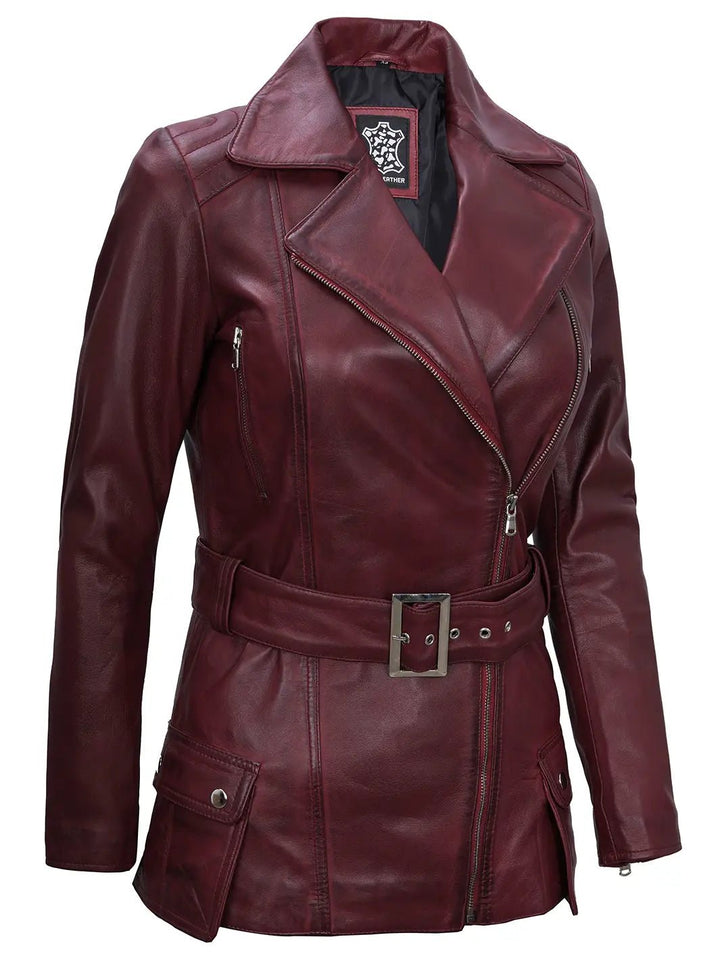 Women's Burgundy Asymmetrical Biker Real Leather Jacket - Rare Leather