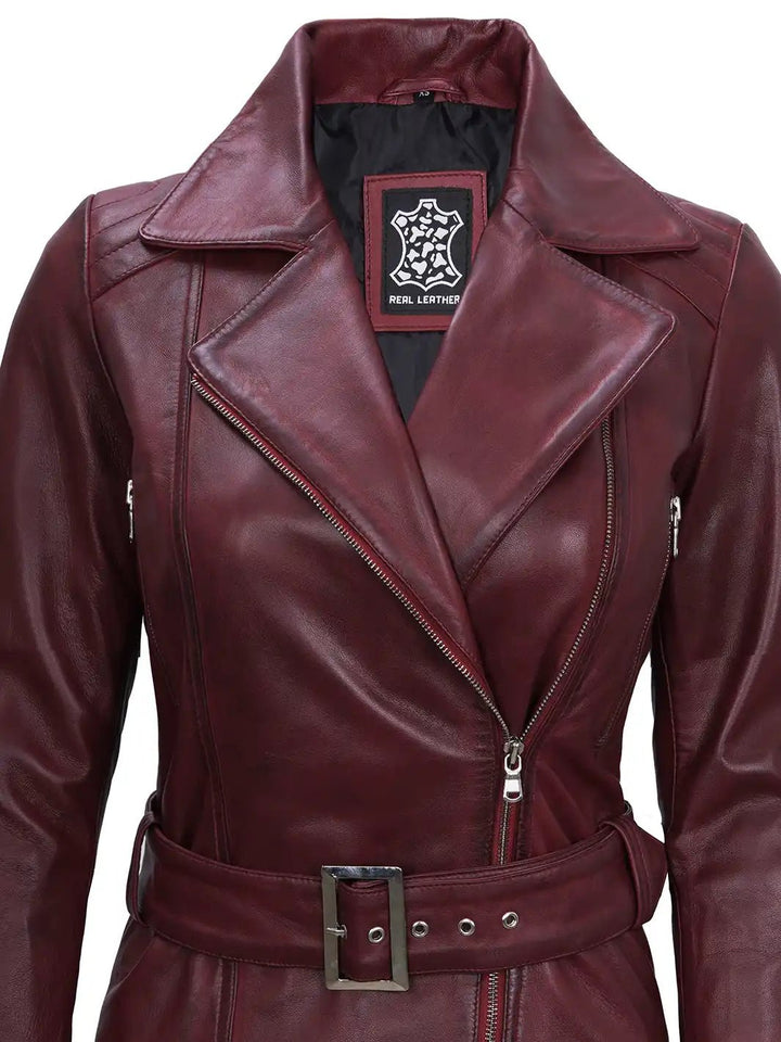 Women's Burgundy Asymmetrical Biker Real Leather Jacket - Rare Leather