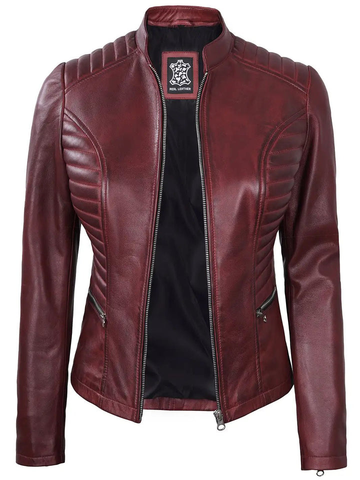 Women's Burgundy Cafe Racer Leather Jacket - Rare Leather