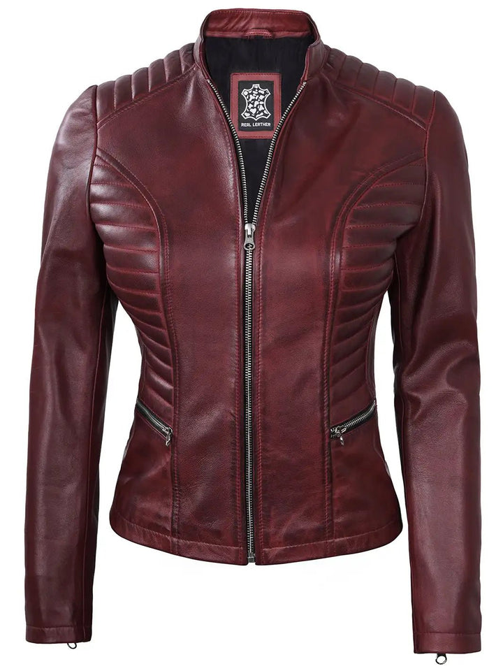 Women's Burgundy Cafe Racer Leather Jacket - Rare Leather