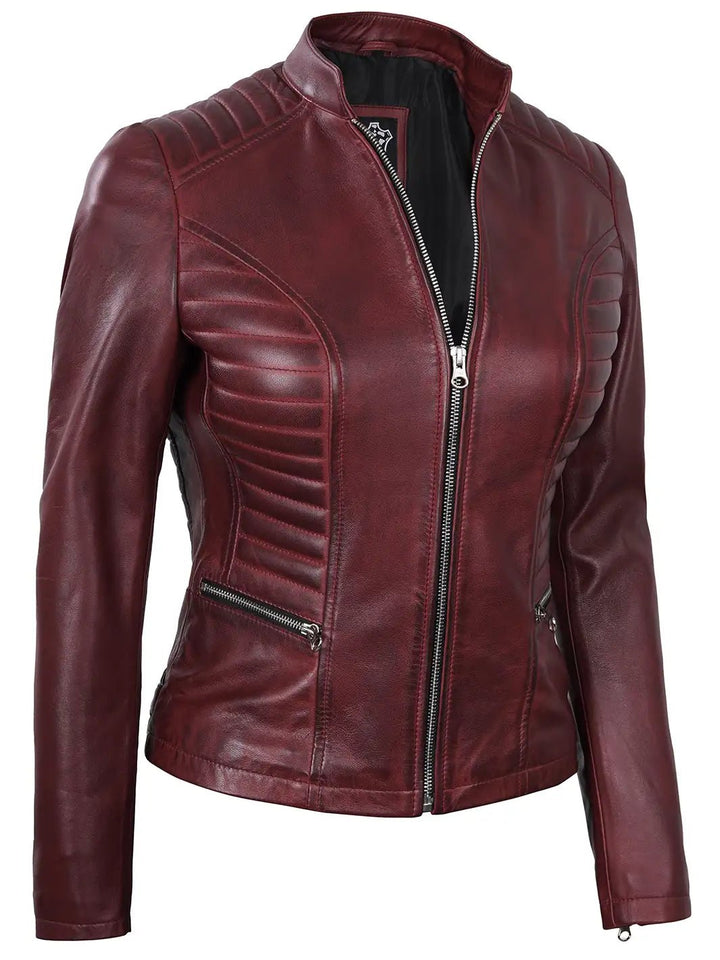 Women's Burgundy Cafe Racer Leather Jacket - Rare Leather