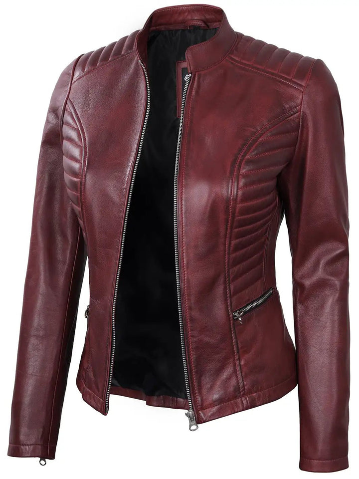 Women's Burgundy Cafe Racer Leather Jacket - Rare Leather