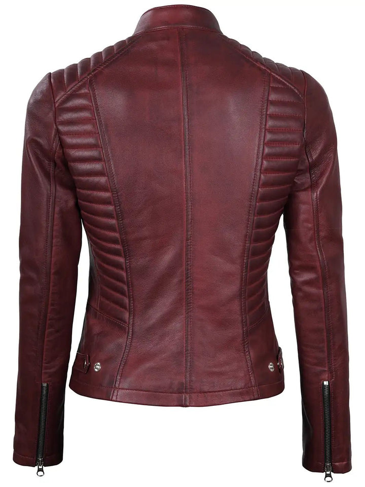 Women's Burgundy Cafe Racer Leather Jacket - Rare Leather