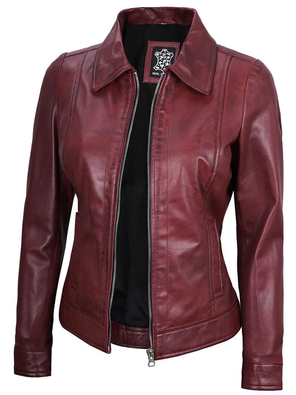 Women's Burgundy Harrington Real Leather Jacket - Rare Leather