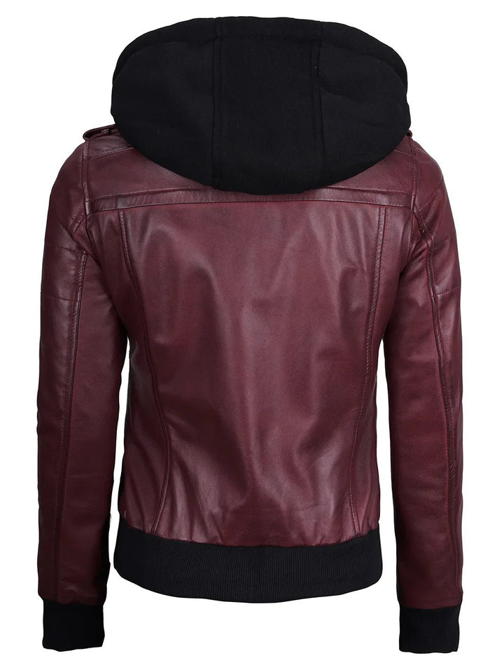 Women's Burgundy Leather Jacket with Removable Hood - Rare Leather
