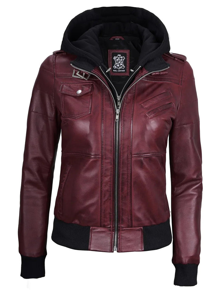 Women's Burgundy Leather Jacket with Removable Hood - Rare Leather
