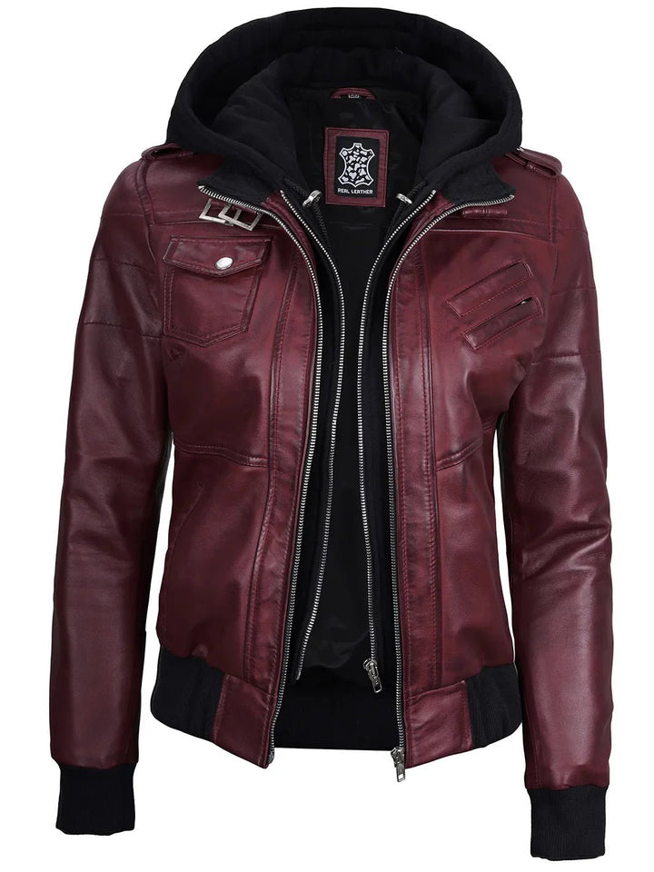 Women's Burgundy Leather Jacket with Removable Hood - Rare Leather