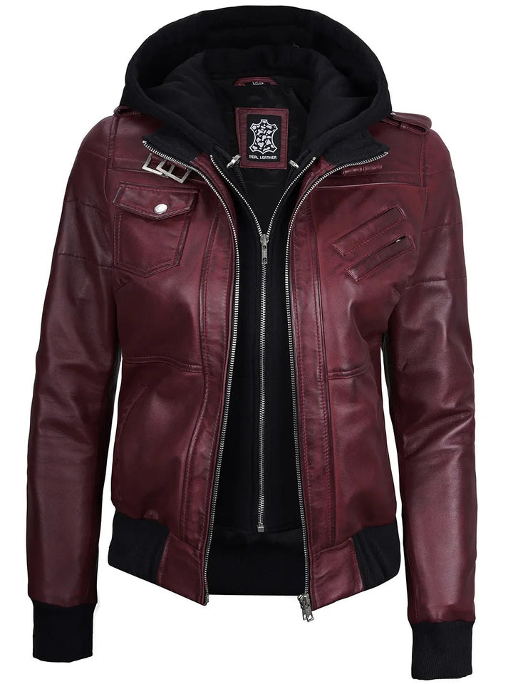Women's Burgundy Leather Jacket with Removable Hood - Rare Leather