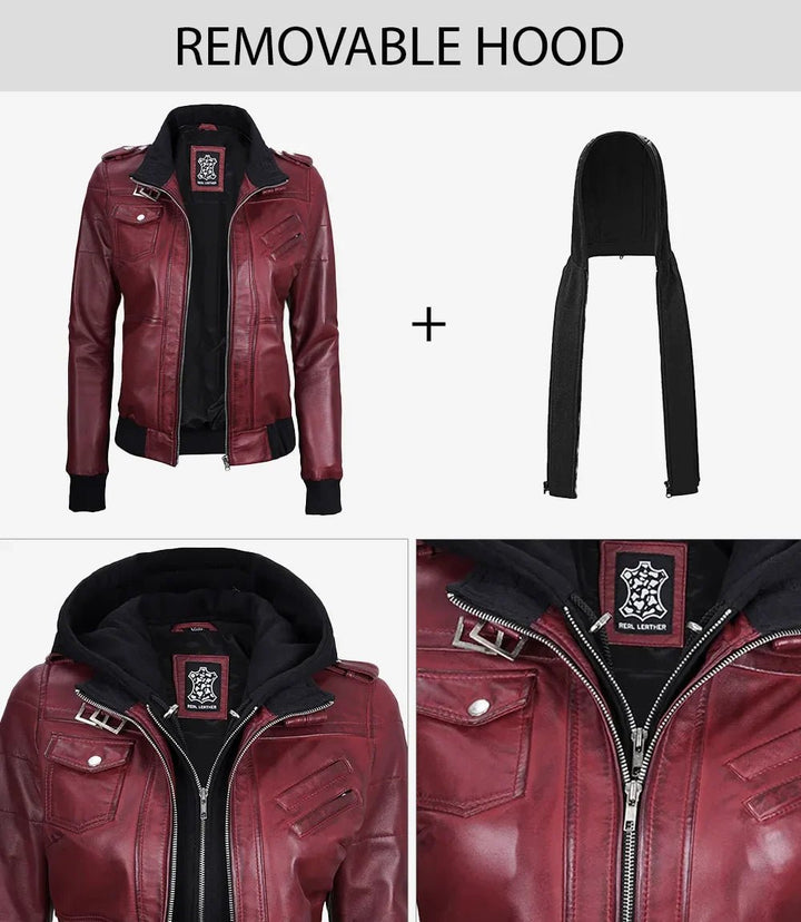 Women's Burgundy Leather Jacket with Removable Hood - Rare Leather