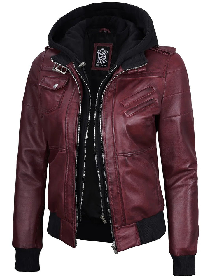 Women's Burgundy Leather Jacket with Removable Hood - Rare Leather