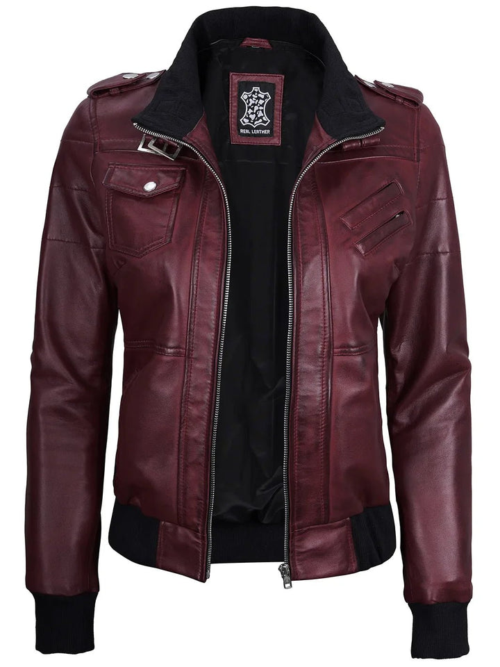 Women's Burgundy Leather Jacket with Removable Hood - Rare Leather