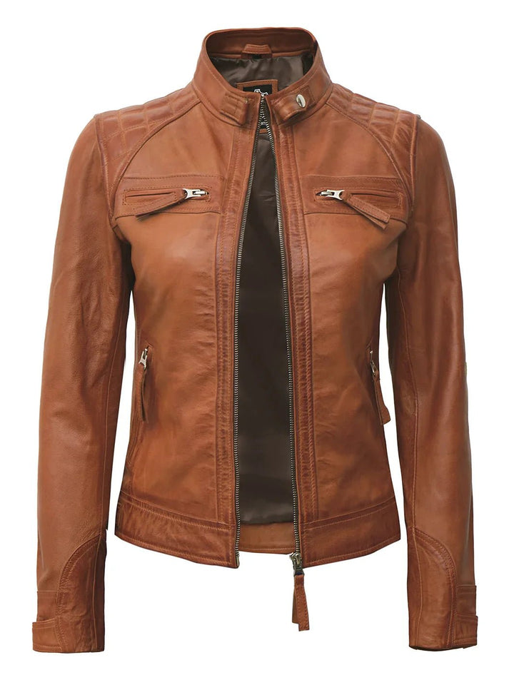Women's Cafe Racer Tan Brown Leather Jacket - Rare Leather