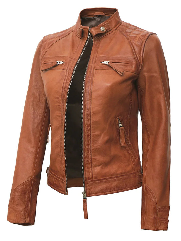 Women's Cafe Racer Tan Brown Leather Jacket - Rare Leather