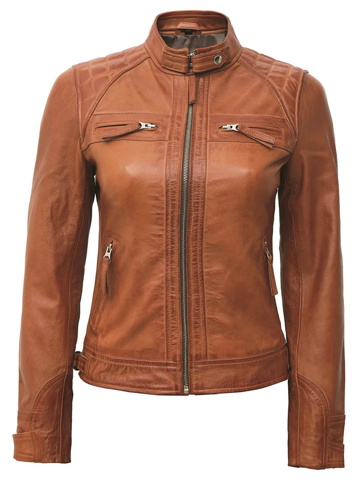 Women's Cafe Racer Tan Brown Leather Jacket - Rare Leather