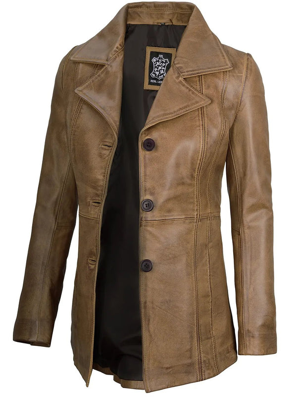 Women’s Camel Three Button Lambskin Leather Jacket - Rare Leather