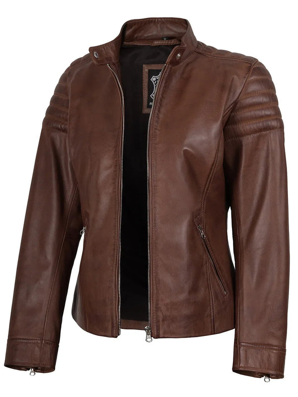 Womens Cognac Brown Cafe Racer Leather Jacket - Rare Leather