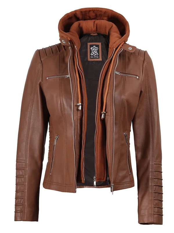 Women's Cognac Brown Leather Jacket With Removable Hood - Rare Leather