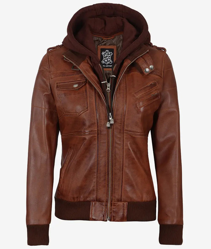 Women's Cognac Brown Leather Jacket with Removeable Hood - Rare Leather