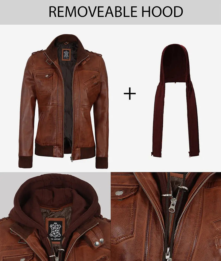 Women's Cognac Brown Leather Jacket with Removeable Hood - Rare Leather