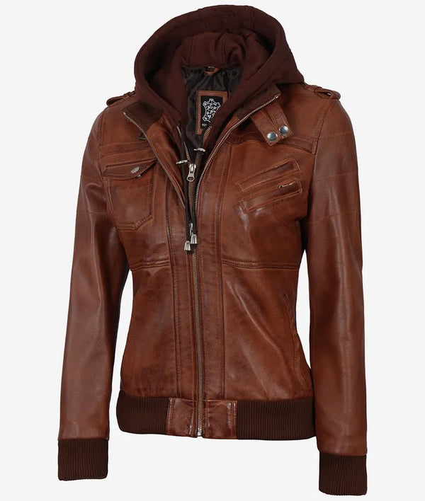 Women's Cognac Brown Leather Jacket with Removeable Hood - Rare Leather
